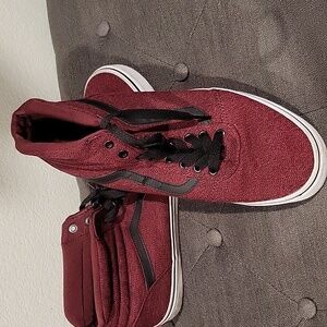 Burgundy black and white high top vans